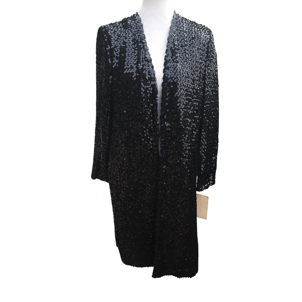 Vintage Three Flaggs Edith Flagg Black Sequined Duster Cardigan Jacket Size M